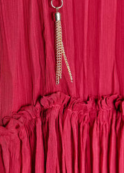New Red V Neck Wrinkled Lace Up Cotton Mini Dresses Fall