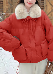 New Red Zippered Lace Up Pockets Duck Down Winter Coats