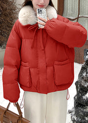 New Red Zippered Lace Up Pockets Duck Down Winter Coats