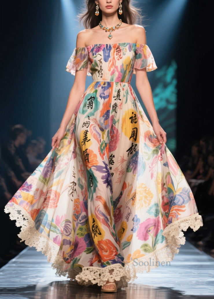 New Retro Apricot Cold Shoulder Print Chiffon Strapless Dress Summer