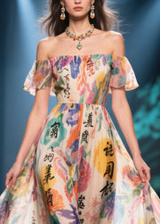 New Retro Apricot Cold Shoulder Print Chiffon Strapless Dress Summer