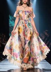 New Retro Apricot Cold Shoulder Print Chiffon Strapless Dress Summer