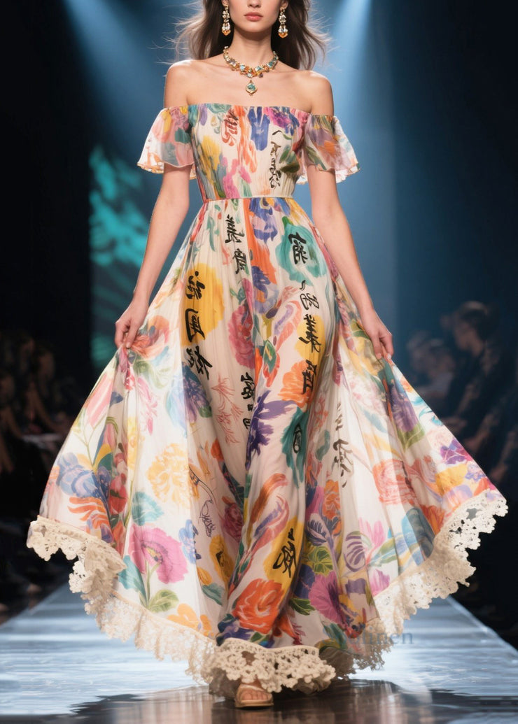 New Retro Apricot Cold Shoulder Print Chiffon Strapless Dress Summer
