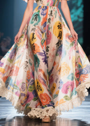 New Retro Apricot Cold Shoulder Print Chiffon Strapless Dress Summer
