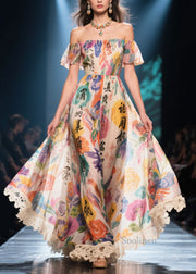 New Retro Apricot Cold Shoulder Print Chiffon Strapless Dress Summer
