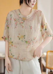 New Retro Apricot Print Linen Chinese Style Tops Summer