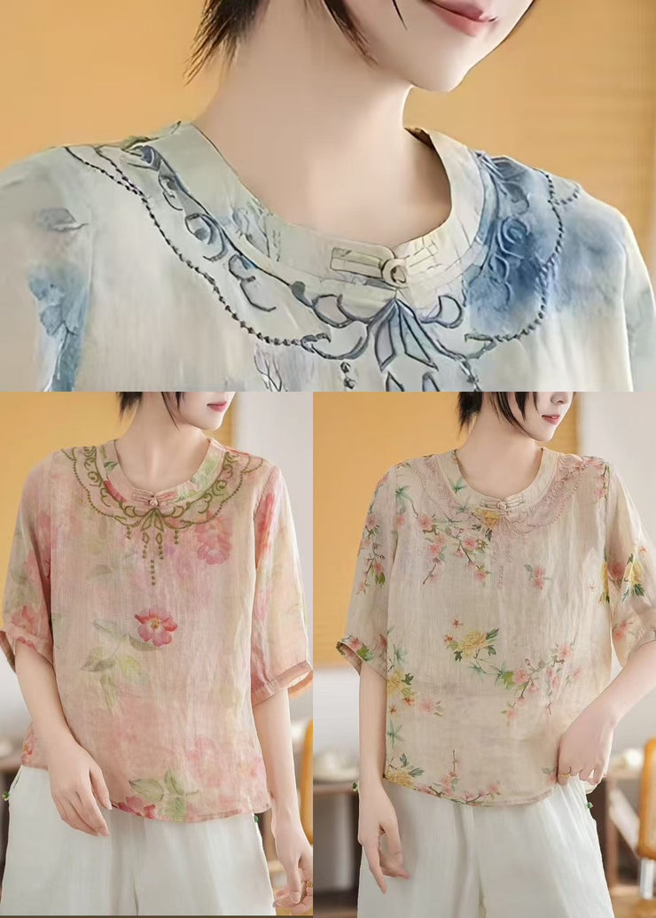 New Retro Apricot Print Linen Chinese Style Tops Summer