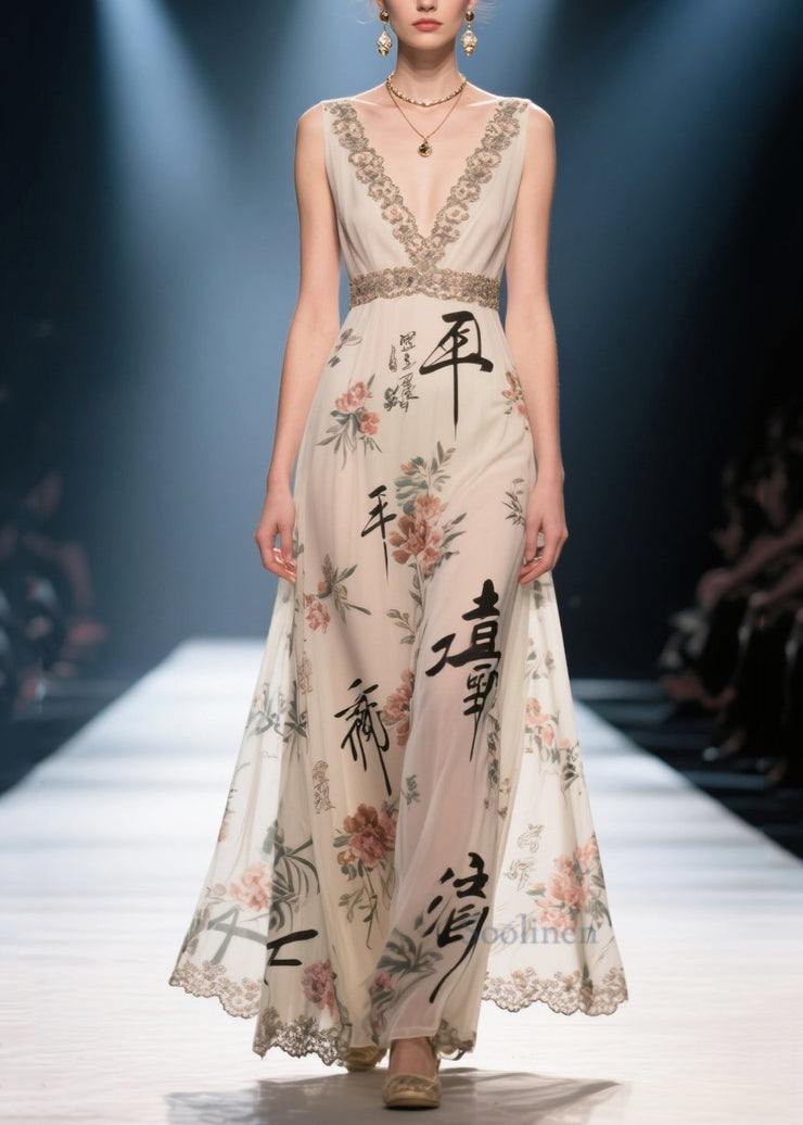New Retro Apricot V Neck Print Chiffon Long Dress Summer