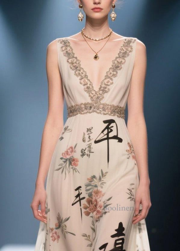 New Retro Apricot V Neck Print Chiffon Long Dress Summer