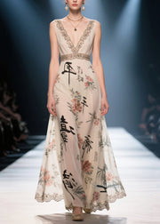 New Retro Apricot V Neck Print Chiffon Long Dress Summer