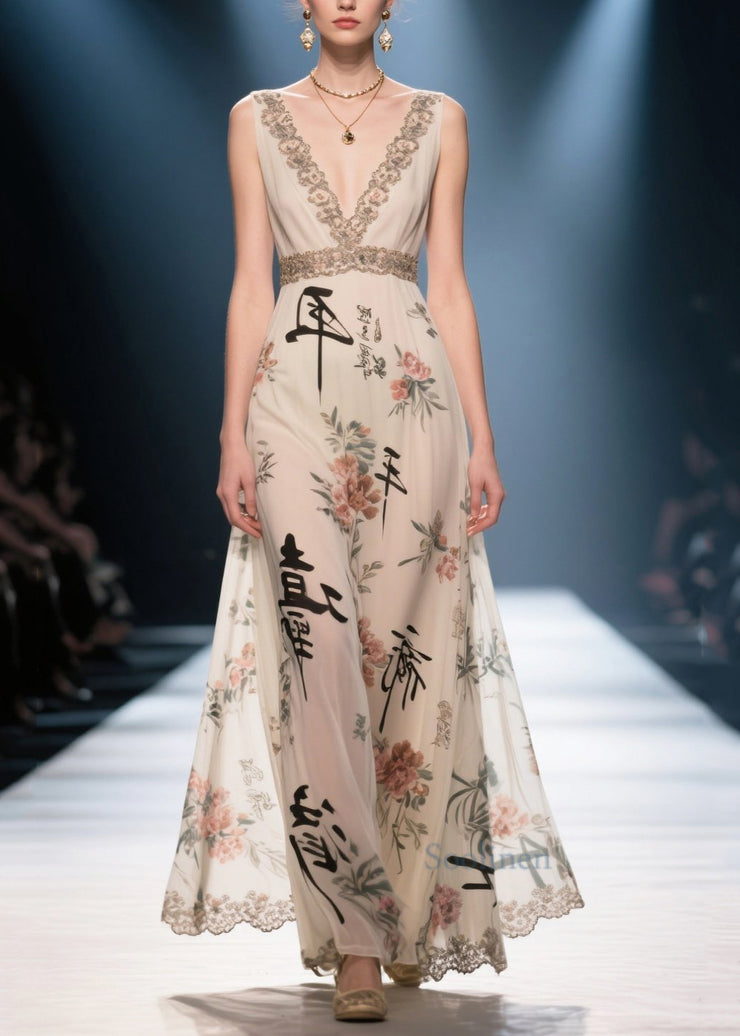 New Retro Apricot V Neck Print Chiffon Long Dress Summer