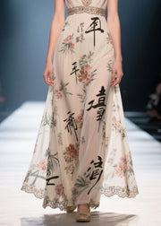 New Retro Apricot V Neck Print Chiffon Long Dress Summer