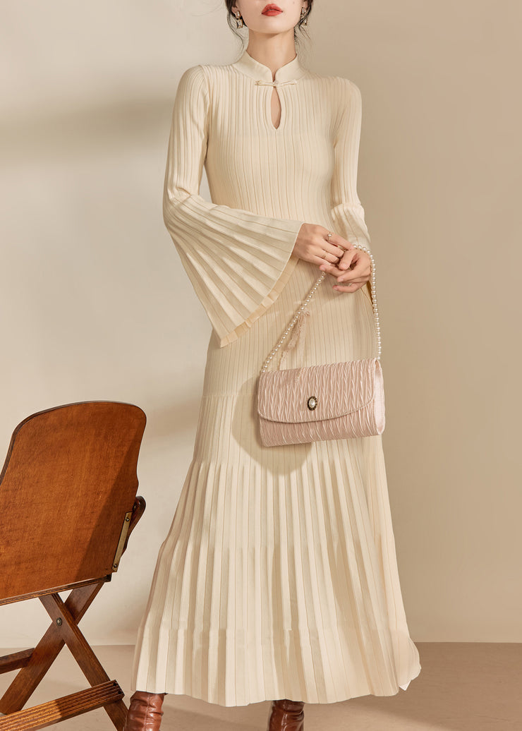 New Retro Apricot Wrinkled Knit Dress Flare Sleeve