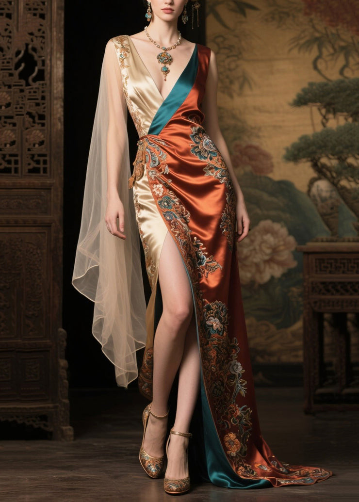New Retro Asymmetrical Patchwork Jacquard Silk Party Dress Summer