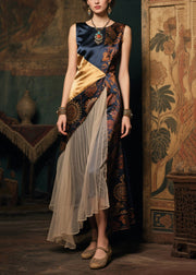 New Retro Asymmetrical Patchwork Wrinkled Silk Long Dress Sleeveless