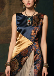 New Retro Asymmetrical Patchwork Wrinkled Silk Long Dress Sleeveless