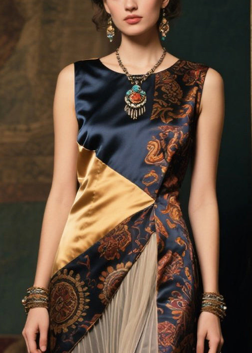 New Retro Asymmetrical Patchwork Wrinkled Silk Long Dress Sleeveless