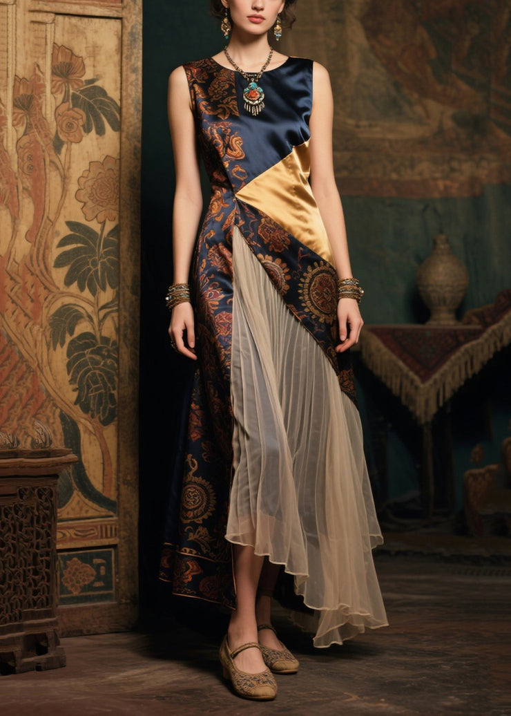 New Retro Asymmetrical Patchwork Wrinkled Silk Long Dress Sleeveless