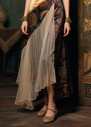 New Retro Asymmetrical Patchwork Wrinkled Silk Long Dress Sleeveless
