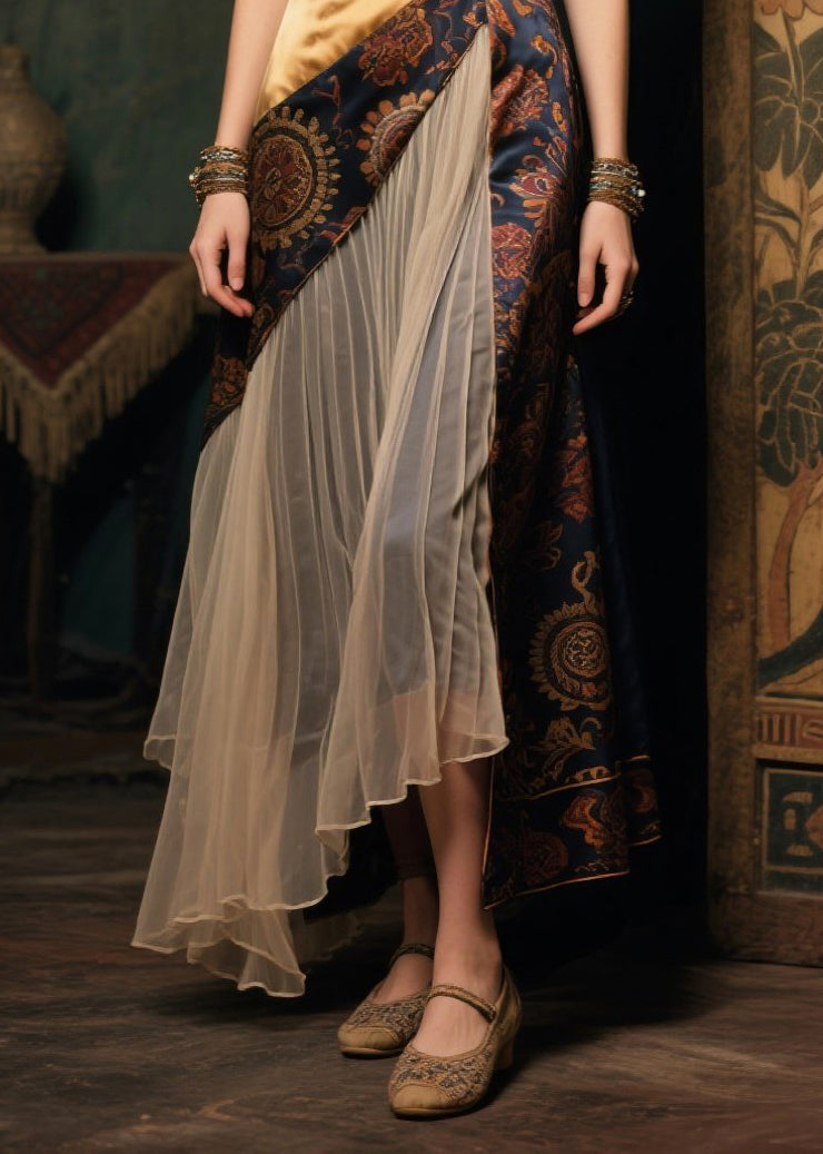 New Retro Asymmetrical Patchwork Wrinkled Silk Long Dress Sleeveless