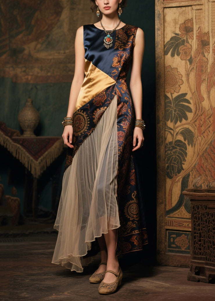 New Retro Asymmetrical Patchwork Wrinkled Silk Long Dress Sleeveless