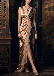 New Retro Asymmetrical Tulle Patchwork Print Silk Dress Summer