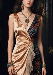 New Retro Asymmetrical Tulle Patchwork Print Silk Dress Summer