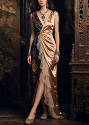 New Retro Asymmetrical Tulle Patchwork Print Silk Dress Summer