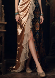 New Retro Asymmetrical Tulle Patchwork Print Silk Dress Summer