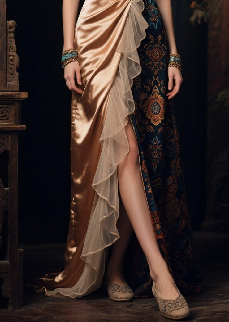 New Retro Asymmetrical Tulle Patchwork Print Silk Dress Summer