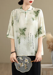 New Retro Bamboo Print Chiffon Oriental Tops Half Sleeve