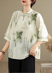 New Retro Bamboo Print Chiffon Oriental Tops Half Sleeve