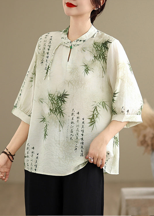 New Retro Bamboo Print Chiffon Oriental Tops Half Sleeve