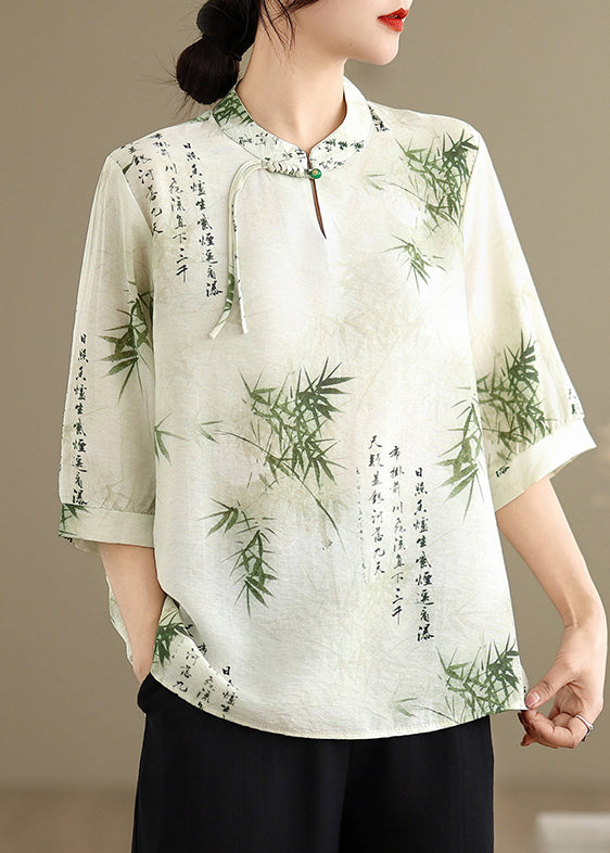 New Retro Bamboo Print Chiffon Oriental Tops Half Sleeve