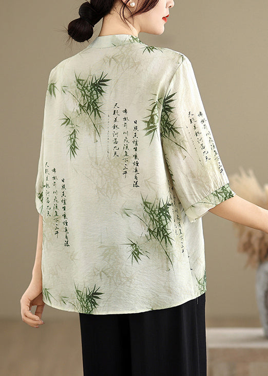 New Retro Bamboo Print Chiffon Oriental Tops Half Sleeve