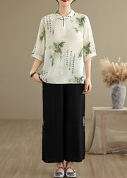 New Retro Bamboo Print Chiffon Oriental Tops Half Sleeve