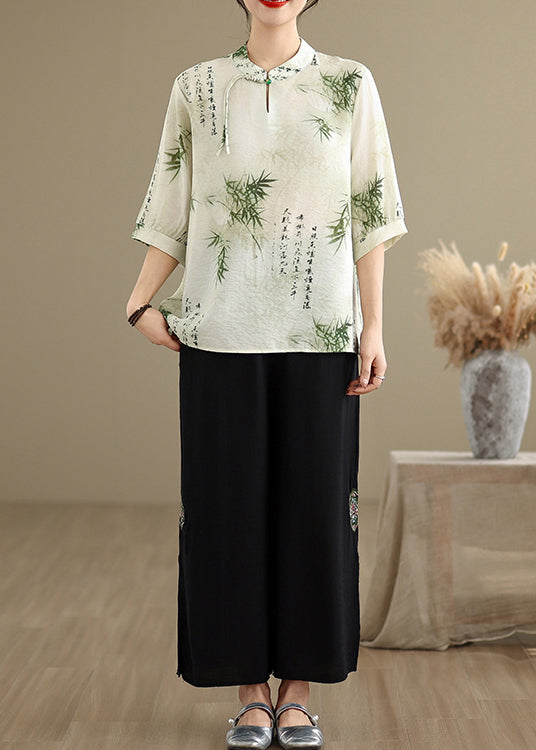 New Retro Bamboo Print Chiffon Oriental Tops Half Sleeve