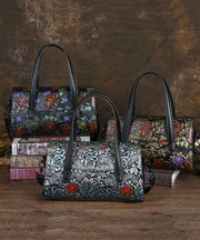 New Retro Black Embossed Calf Leather Tote Bag