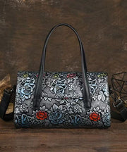 New Retro Black Embossed Calf Leather Tote Bag