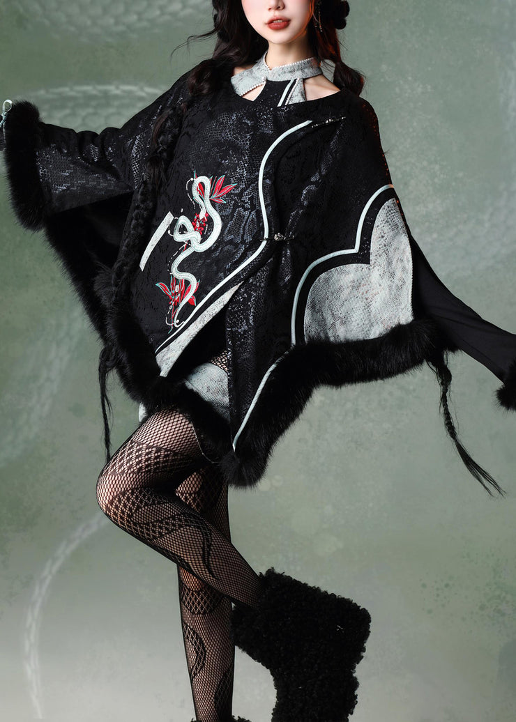 New Retro Black Embroidered Patchwork Serpentine Faux Suede Coat Winter