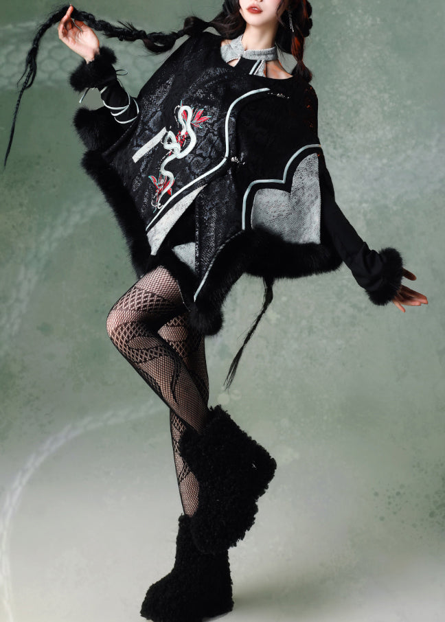 New Retro Black Embroidered Patchwork Serpentine Faux Suede Coat Winter