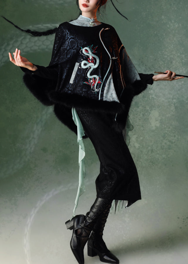 New Retro Black Embroidered Patchwork Serpentine Faux Suede Coat Winter