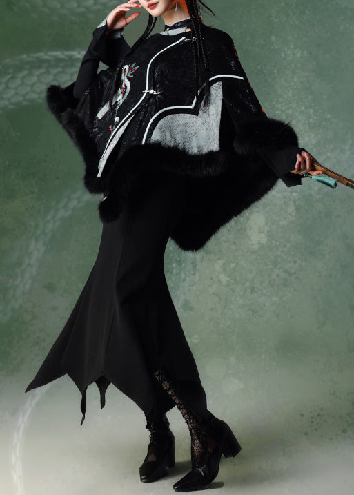 New Retro Black Embroidered Patchwork Serpentine Faux Suede Coat Winter