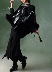 New Retro Black Embroidered Patchwork Serpentine Faux Suede Coat Winter