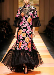 New Retro Black Flower Print Patchwork Silk Party Dresses Flare Sleeve