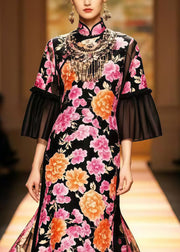 New Retro Black Flower Print Patchwork Silk Party Dresses Flare Sleeve