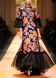 New Retro Black Flower Print Patchwork Silk Party Dresses Flare Sleeve