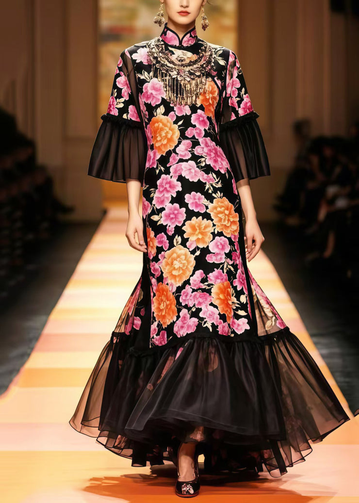 New Retro Black Flower Print Patchwork Silk Party Dresses Flare Sleeve