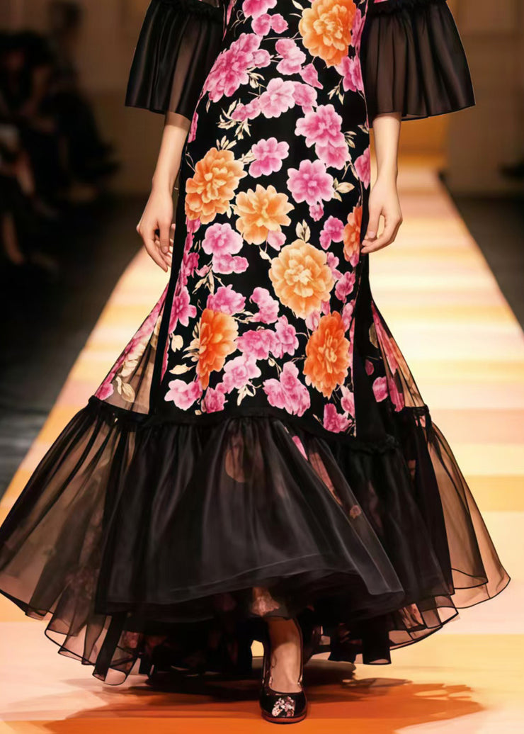 New Retro Black Flower Print Patchwork Silk Party Dresses Flare Sleeve