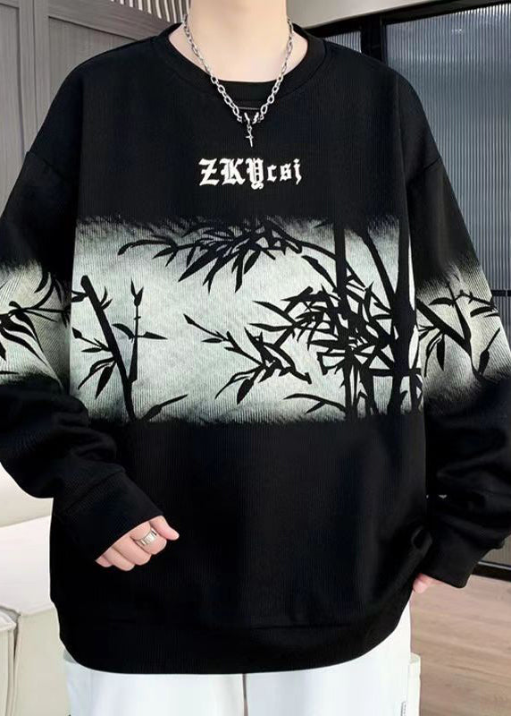 New Retro Black O Neck Print Cotton Men Pullover Streetwear Spring